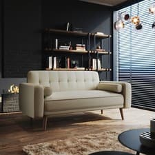 Image of Cream 3 Seater Fabric New Foam Sofa Bed Wood Legs Double Beds with 2 Cushions