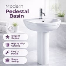 Image of Bathroom Ceramic Wash Basin Full Pedestal Sink Round 1 Tap Hole Modern