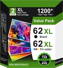 Image of 62XL Ink Cartridges Black and Colour Replacement for HP 62 Ink Cartridges Twin P