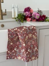 Image of William Morris Red Strawberry Thief 100% Cotton Floral Tea Towel,Made In The UK