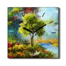 Image of Silent Wall Clock Canvas 30x30 Painting Abstract Flowers Forest Trees Nature