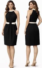Image of Adrianna Papell Sheath Dress Sz 8 Black Ivory Bow Trim Sleeveless Career Church