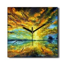 Image of Silent Wall Clock Canvas 30x30 Painting Abstract Lake Trees Sky Clouds Sun