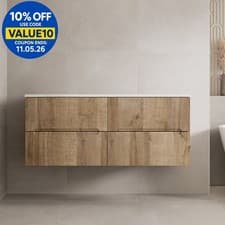 Image of 1200mm Oak White Marble Vanity Unit Double Wall Hung No Basin Fluted Soft Close