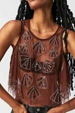 Image of Free People Tulsi Embellished Mesh Top Brown