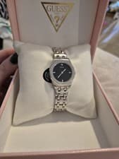 Image of Guess Womens Watch Silver Stainless Steel Black Dial Genuine Diamond Marker Box
