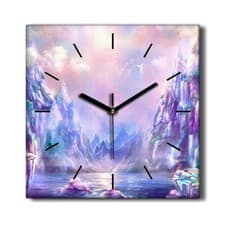 Image of Silent Wall Clock Canvas 30x30 Painting Abstract Lake Mountains Sky Clouds