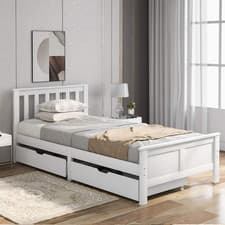 Image of Single Bed Frame Storage Drawers Solid Pine Slatted Base Sturdy White Wood