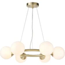 Image of Multi Arm Hanging Ceiling Pendant Light - Satin Brass & Gloss White Glass Shade