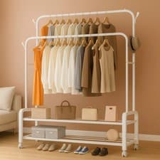 Image of Clothes Rail Garment Rack with Wheels Heavy Duty Double Rod Metal Open Wardrobe