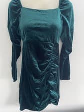 Image of Quiz Emerald Green Velvet Dress Size 10 ruched front long sleeves Bardot BNWT