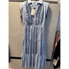 Image of Endless Rose Rhett Dress Light Blue Pleated Tiered Midi Sleeveless Medium NEW