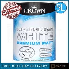 Image of CROWN MATT EMULSION PAINT 5L PURE BRILLIANT WHITE BREATHEASY PREMIUM PAINT NEW