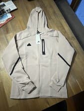 Image of Adidas Designed For Gameday Full-Zip Cream Black Logo Hoodie Mens Medium Jacket