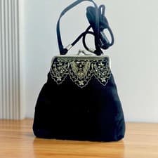 Image of Black Satin PURSE Or Shoulder Bag Fold Embellished Lace Kiss Lock