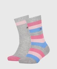 Image of Kids Designer Tommy Hilfiger Sock High 2 Pack Flag Stripe Grey Pink Blue