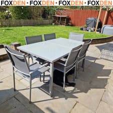 Image of 7 Piece Garden Dining Set with 6 Stackable Chairs and Tempered Glass Table Grey