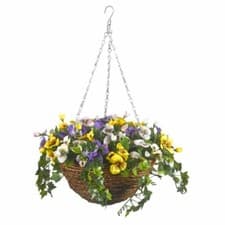 Image of Premium Artificial Hanging Basket 30cm 12" Pansy Pansies Bloom UV Resistant