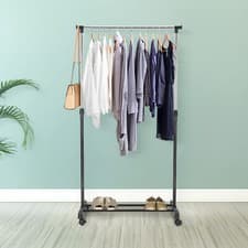 Image of ADJUSTABLE MOBILE CLOTHES COAT GARMENT HANGING RAIL RACK STORAGE STAND ON WHEELS