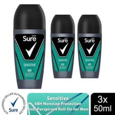Image of Sure Men Sensitive Antiperspirant Roll On 48H Sweat & Odour Protection, 3x50ml