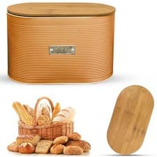 Image of Oval Bread Bin with Bamboo Lid Kitchen Storage Loaf Container -WHITE/GREY/COPPER