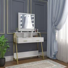 Image of Dressing Table with Shelves Drawers LED Lights Mirror Makeup Desk Vanity Table