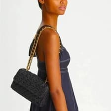 Image of Tory Burch Raffia Fleming Small Black Shoulder Bag New With Tags