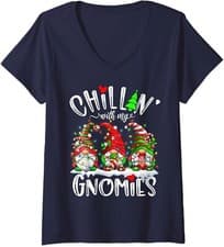 Image of Chillin With My Gnomies Christmas Lights Gnomes Famil Ladies' V-Neck Tshirt