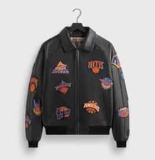Image of Kith & AVIREX Leather Jacket New York Knicks Icon Patches Black