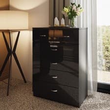 Image of Black High Gloss 6 (4+2) Drawer Tall Bedroom Chest of Drawers Matt black frame