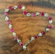 Image of 8 Ct Heart Simulated Ruby &Diamond Lovely Tennis Bracelet 14k Yellow Gold Plated