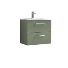 Image of Nuie Arno Satin Green 600mm Wall Hung 2 Drawer Vanity Unit and Curved Ceramic Ba