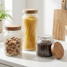 Image of Glass Storage Jar Wooden Lid Kitchen Canister Food Container Airtight Dry Goods