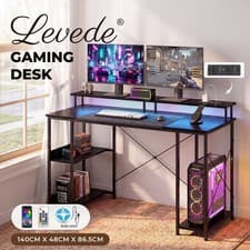 Image of Levede Gaming Computer Desk Office Table with Lights Shelves Power Port 140cm
