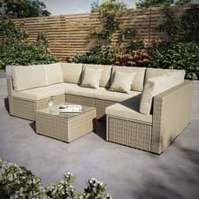 Image of 6 Seater Beige U Shaped Rattan Garden Sofa Set with Matching Coffee Table FTR172