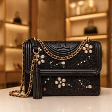 Image of NEW Tory Burch Fleming Black Embellished Tweed Small Convertible Shoulder Bag