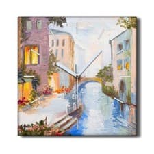 Image of Silent Wall Clock Canvas 30x30 Painting Abstract City River Bridge Flowers
