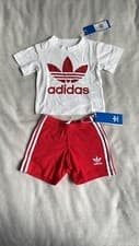 Image of Adidas Toddler T-Shirt/Short Set Trefoil White/Red 6-9 Months Brand New W/Tags