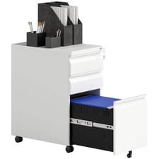 Image of Vinsetto 3-Drawer Steel Filing Cabinet with Lock and Wheels - White