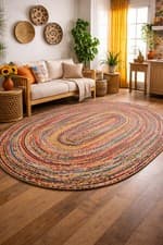 Image of Indian Handmade Oval Jute Rug Boho Natural Fibre Eco Friendly Bedroom Area Rug