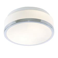 Image of 23cm Modern Chrome Trim Finish White Glass Bathroom Flush Fitting Ceiling Light