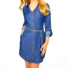 Image of GUESS XS Denim Shirt Dress Gold Chain Belt Blue Jean Mini