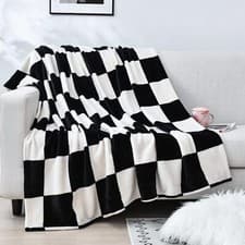 Image of Large Flannel Fleece Plush Blanket Throw Size50"x70" - Black and White Checke...