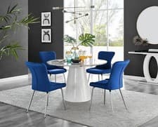 Image of Palma White Marble Effect Round Dining Table & 4 Nora Black/Silver Leg Chairs