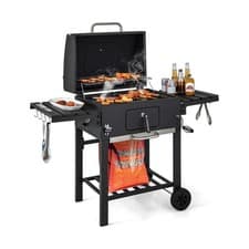 Image of Charcoal BBQ Grill with Foldable Side Tables Hooks and Wheels