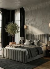 Image of Winged Cream Panel Bed Frame Velvet/ Teddy Fabric Ottoman Gas Lift Storage Bed