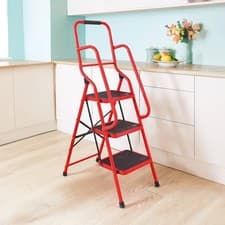 Image of Red 3-Step Safety Ladder with Handrails