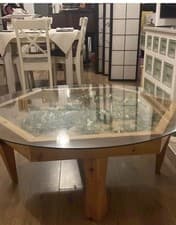 Image of Round Glass Coffee Table Solid Wood Legs Stylish Round Coffee Table Living Room
