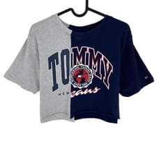 Image of Tommy Hilfiger Women Blue Crop College Splicing Crew Neck T Shirt Size S