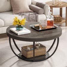 Image of Round Coffee Table, Wooden 2-Tier Circle Coffee Table with Storage Shelves,Grey